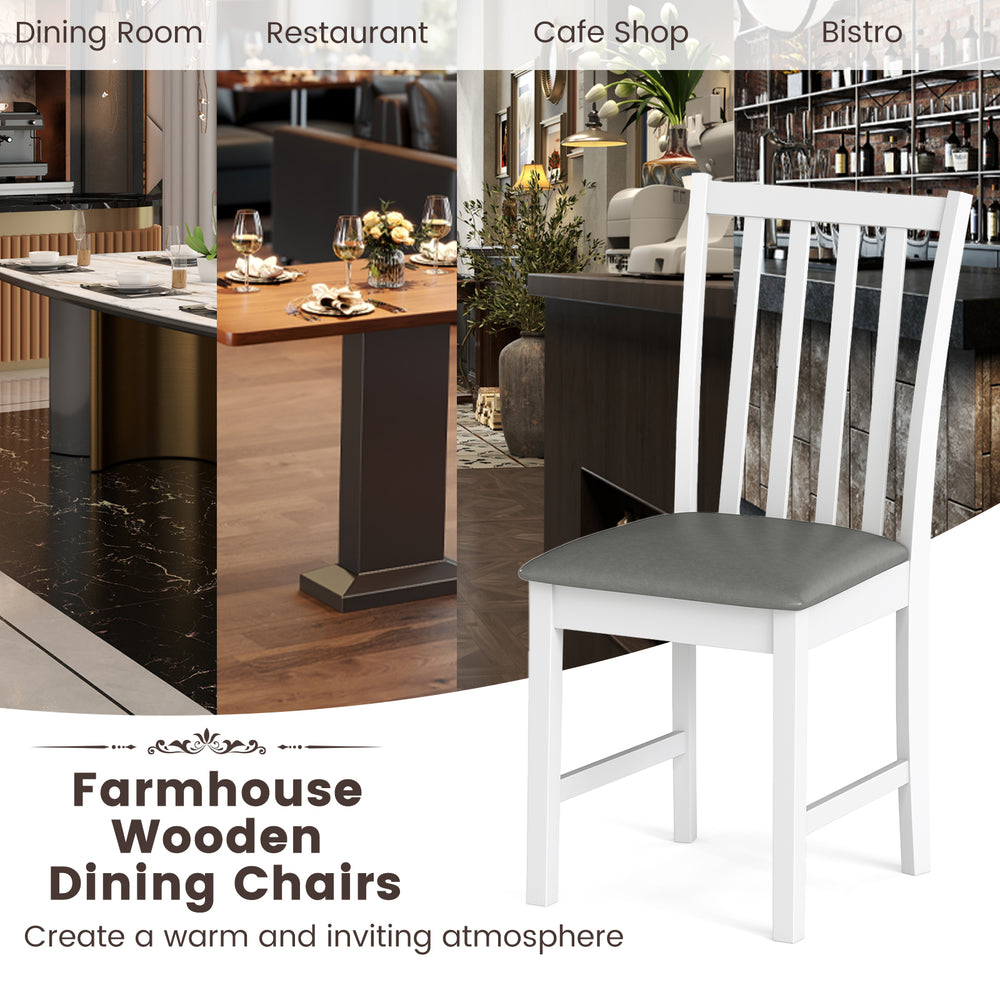 White wooden dining chair with padded seat, crafted from rubber wood, ideal for dining rooms and cafes.