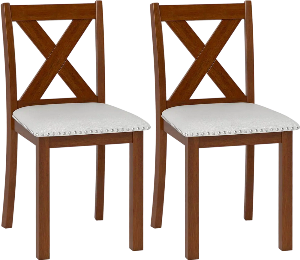 Set of 2 wooden dining chairs with padded beige seats and X-shaped backs, designed for comfort and style in dining.
