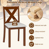 Wooden dining chair with padded seat, acacia wood legs, and X-shaped back, designed for comfort and durability.
