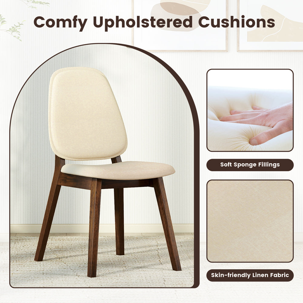 Mid-century modern wooden dining chair with upholstered cushion, featuring brown rubber wood and skin-friendly linen.