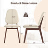 Product dimensions of a mid-century modern wooden dining chair set, featuring a brown finish and upholstered cushions.