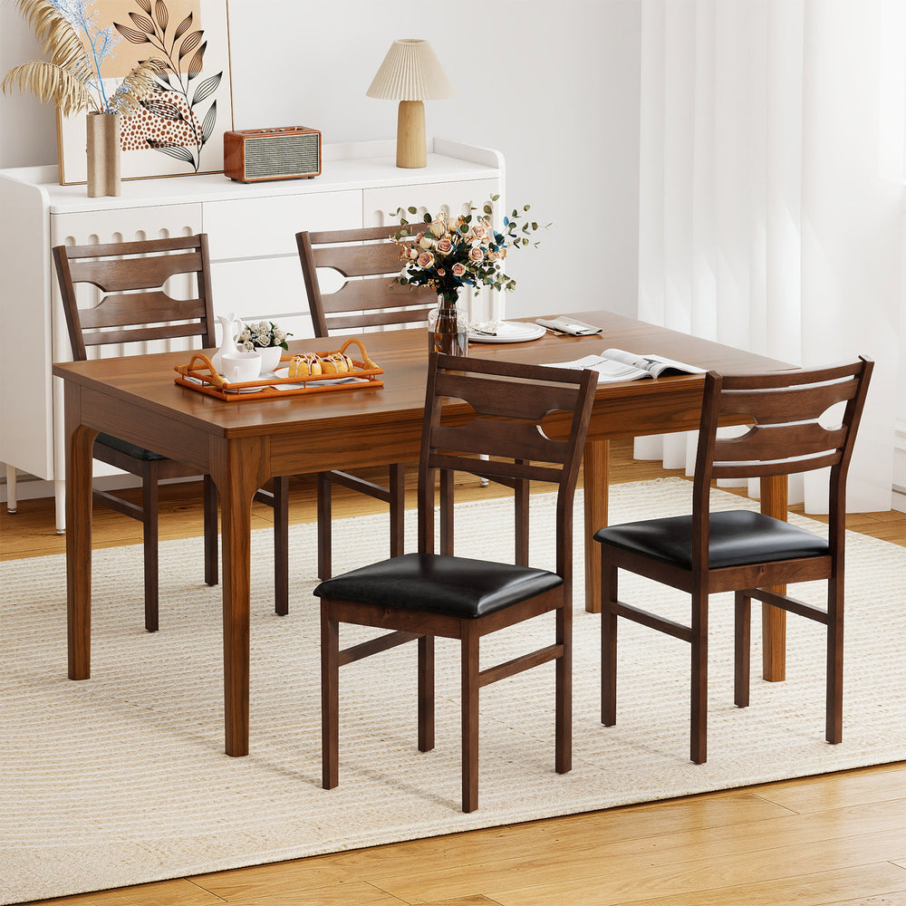Wooden dining chair set of 2 with PU leather padded seats and rubber wood frames in deep brown, ideal for dining rooms.