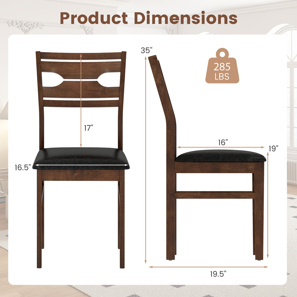 Wooden dining chair dimensions with PU leather padded seat, rubber wood frame, and a weight capacity of 285 lbs.