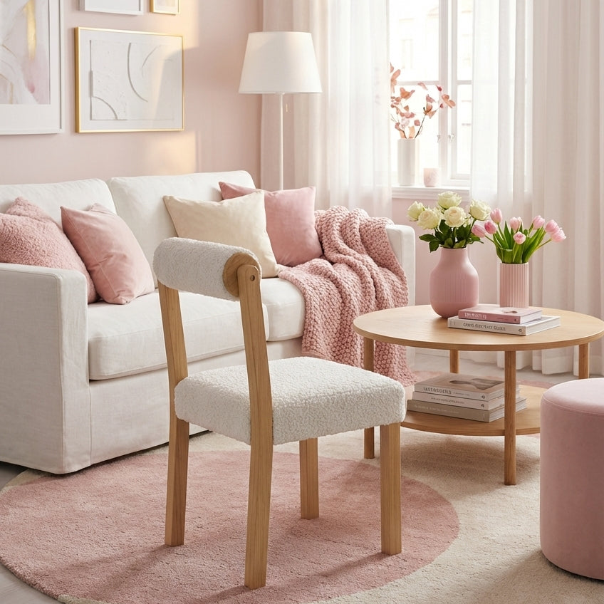 Wooden dining chair with a rubber wood frame and white faux sherpa upholstery, perfect for stylish dining areas.