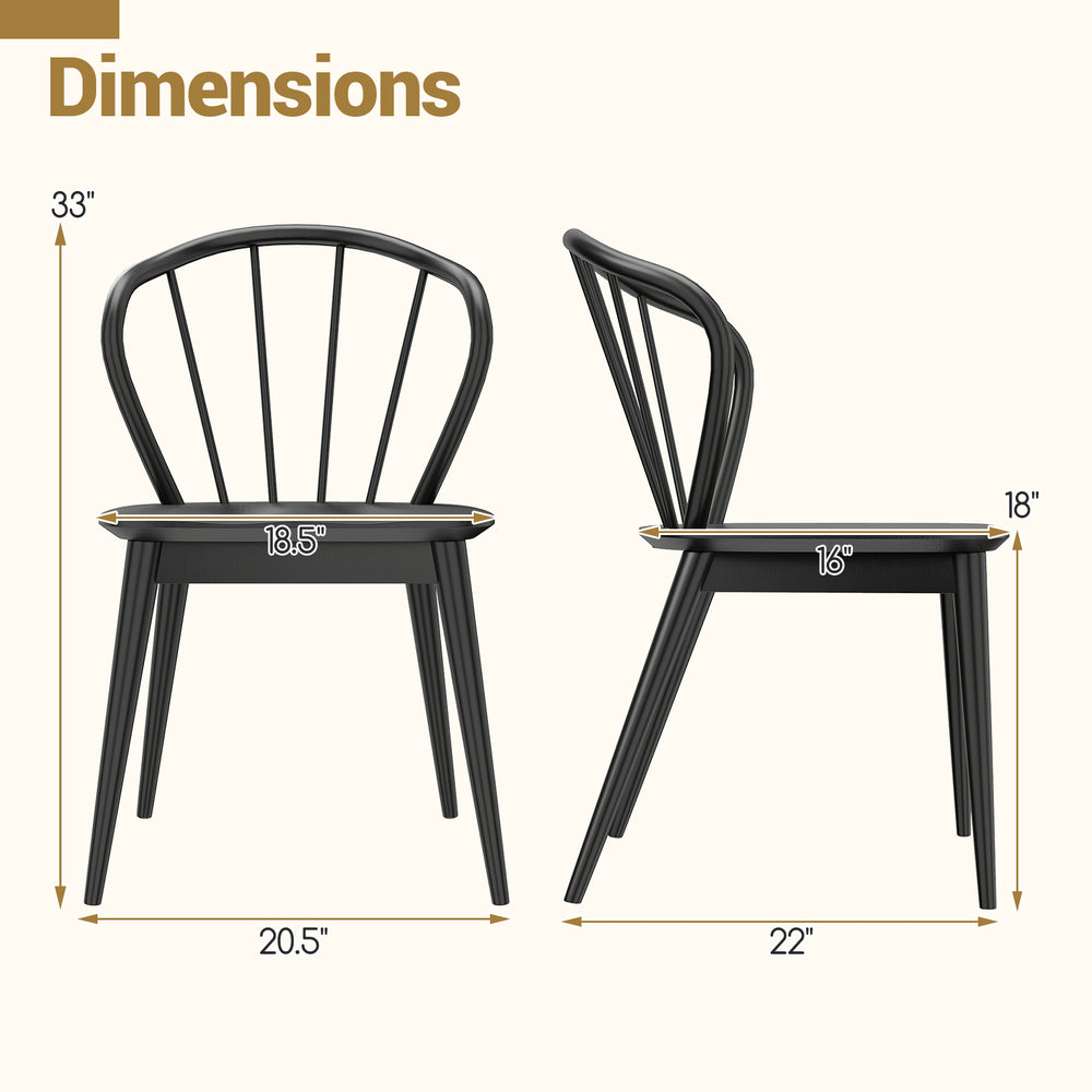 Side view of a black wooden dining chair showing dimensions, featuring a high spindle back and wide seat for comfort.