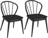 Black wooden dining chair set of 2 with high spindle backs and wide seats, ideal for dining rooms and cafes.