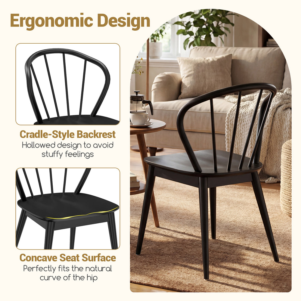 Wooden dining chair with high spindle back and wide seat in black, designed for comfort and ergonomic support in any.