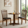 Two wooden dining chairs with spindle backs and black PU leather seats, perfect for stylish dining spaces.