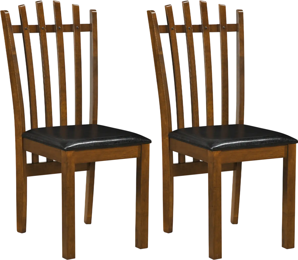 Set of 2 wooden dining chairs with spindle back and black PU leather seats, designed for comfort and durability.