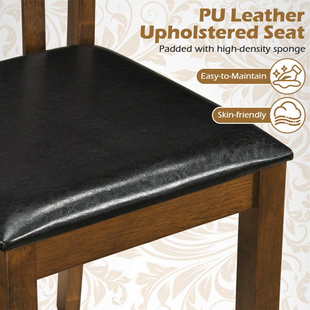 Close-up of the PU leather upholstered seat of a wooden dining chair, featuring high-density sponge padding for comfort.