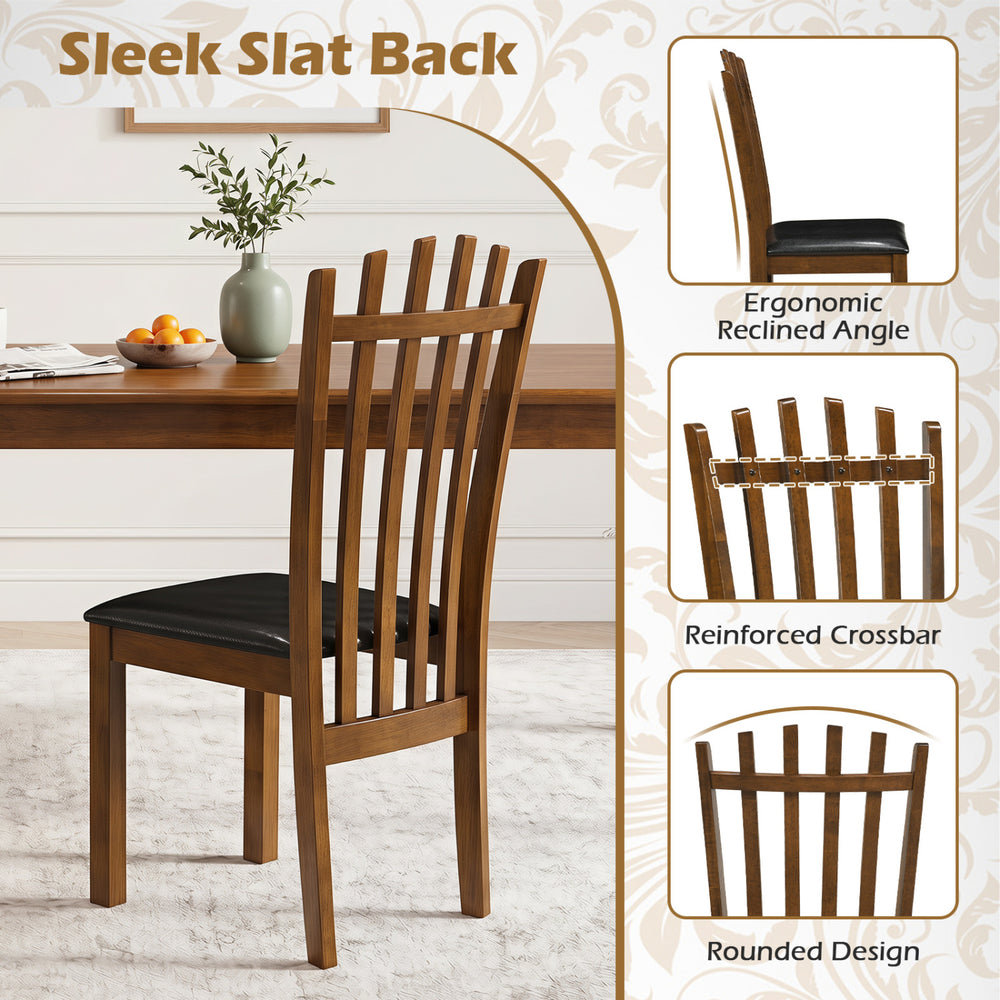 Wooden dining chair with sleek slat back, PU leather seat, and reinforced crossbar for reliable support and comfort.