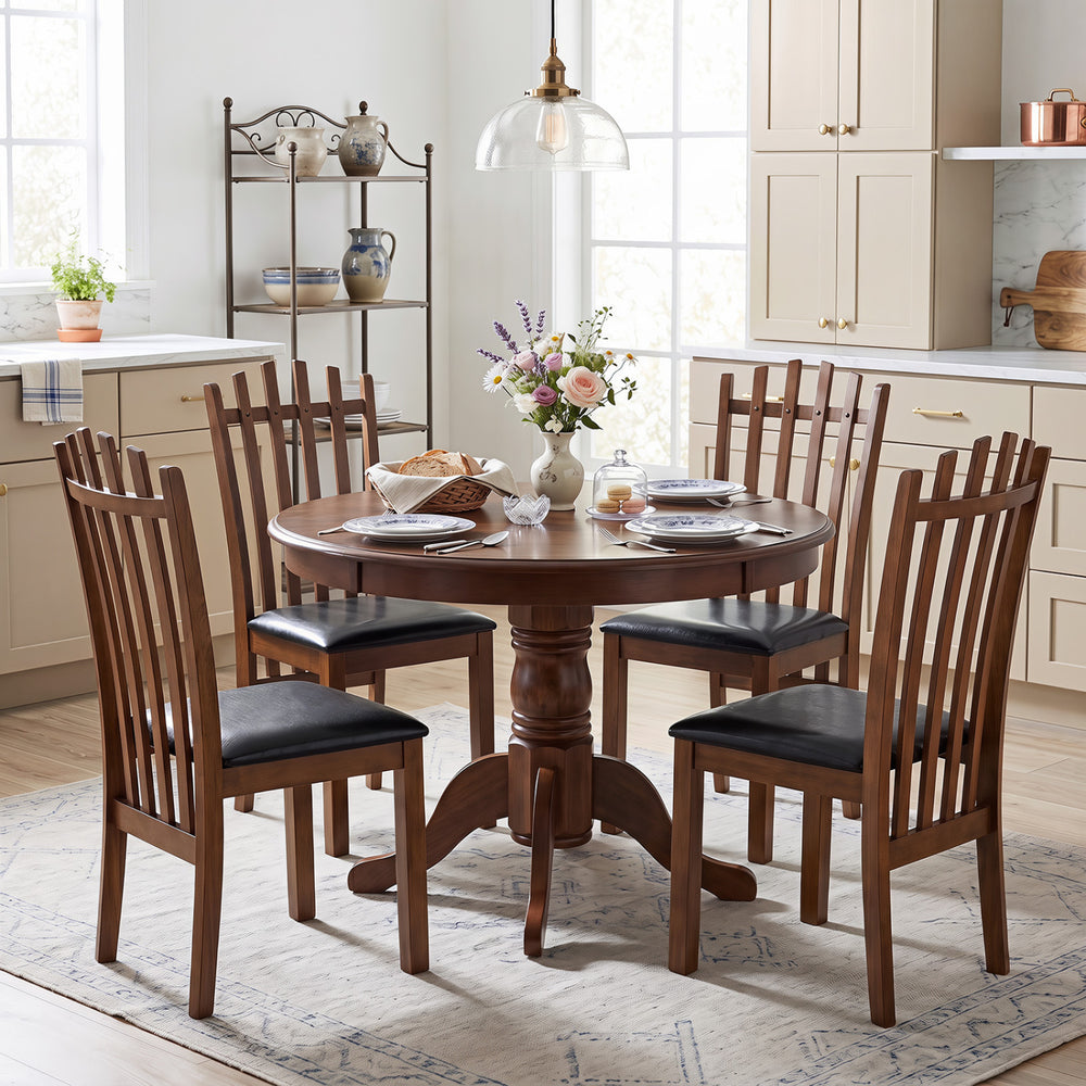 Wooden dining chair set of 4 with spindle back and black PU leather seats, perfect for elegant dining spaces.