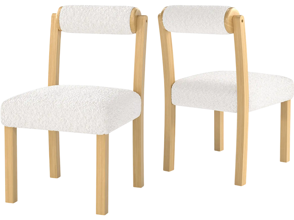 Set of 2 white wooden dining chairs with rubber wood frames and cozy faux sherpa upholstery for stylish dining.