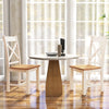 Two wooden dining chairs with high backs and rubber wood frames, featuring a modern farmhouse design for versatile.