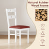 White wooden dining chair with a hollowed backrest and waterproof PU leather seat, perfect for kitchens and dining.