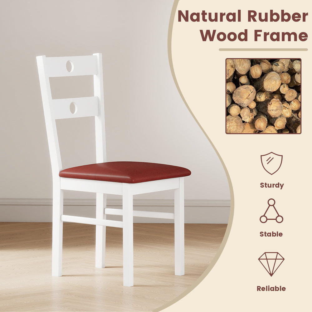 White wooden dining chair with a hollowed backrest and waterproof PU leather seat, perfect for kitchens and dining.