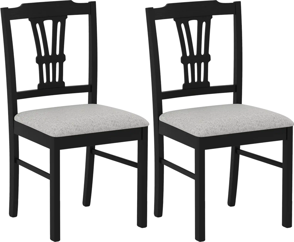 Set of 2 wooden dining chairs with gray upholstered seats, solid rubber wood frame, ideal for kitchen or dining room.