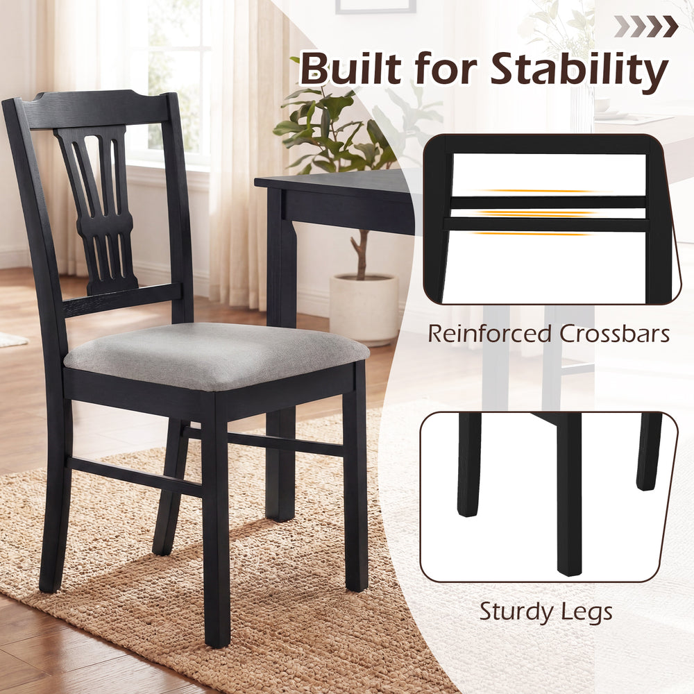 Upholstered wooden dining chair with gray fabric, solid rubber wood frame, and reinforced crossbars for stability.