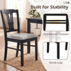 Upholstered wooden dining chair with gray fabric, solid rubber wood frame, and reinforced crossbars for stability.