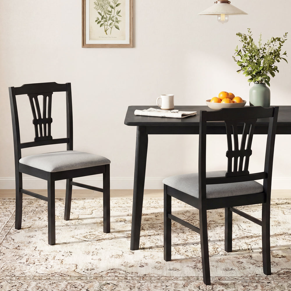Set of 2 gray upholstered dining chairs with solid rubber wood frame, perfect for kitchen or dining room use.