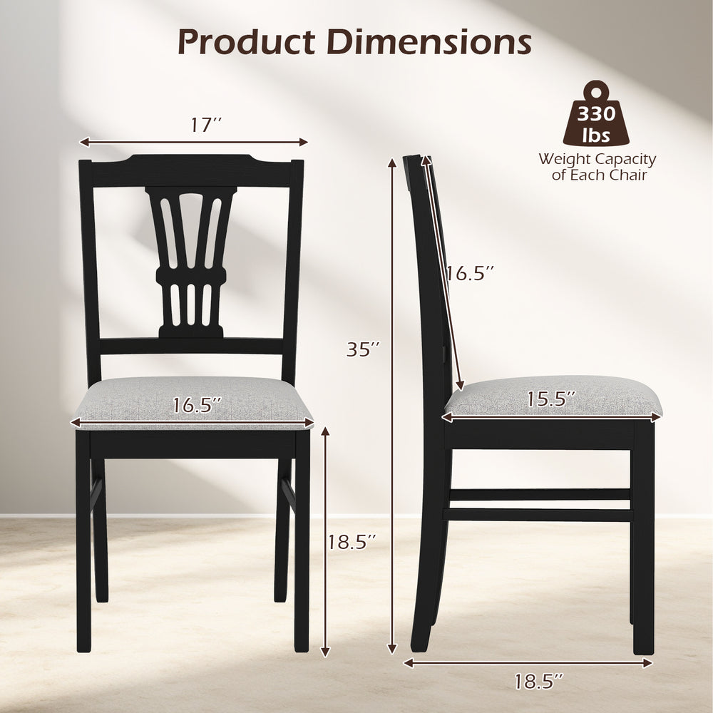 Wooden dining chair dimensions with solid rubber wood frame and gray upholstered seat, suitable for kitchen or dining.
