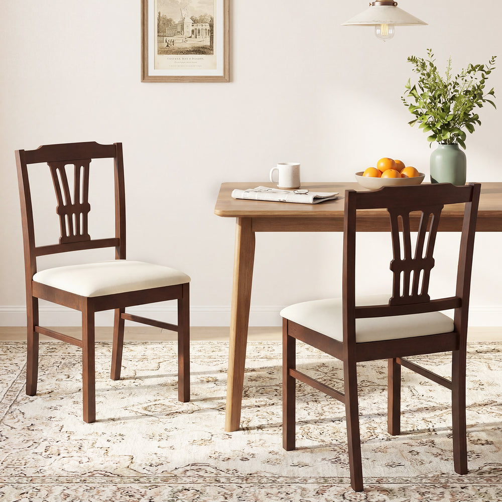 Wooden Dining Chairs Set of 2 Upholstered Kitchen Chairs with Solid Rubber Wood Frame-Beige - Gallery View 1 of 9