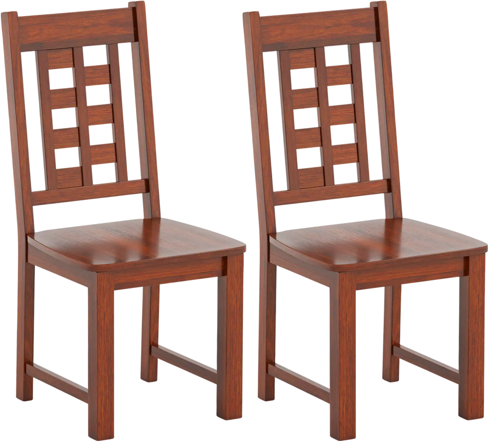 Set of 2 wooden dining chairs with solid rubber wood frame in walnut finish, featuring a curved backrest for comfort.