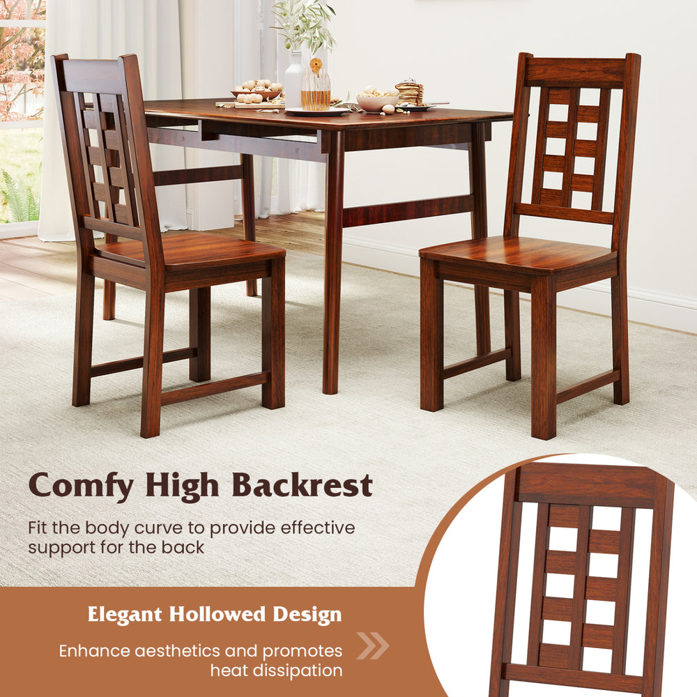Set of 2 wooden dining chairs with curved high backrest and hollowed design, perfect for kitchen or dining room use.