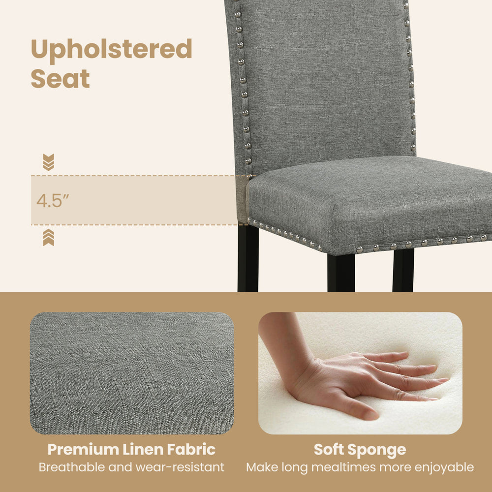 Close-up of the upholstered seat with premium linen fabric and soft sponge cushioning for added comfort in dining.