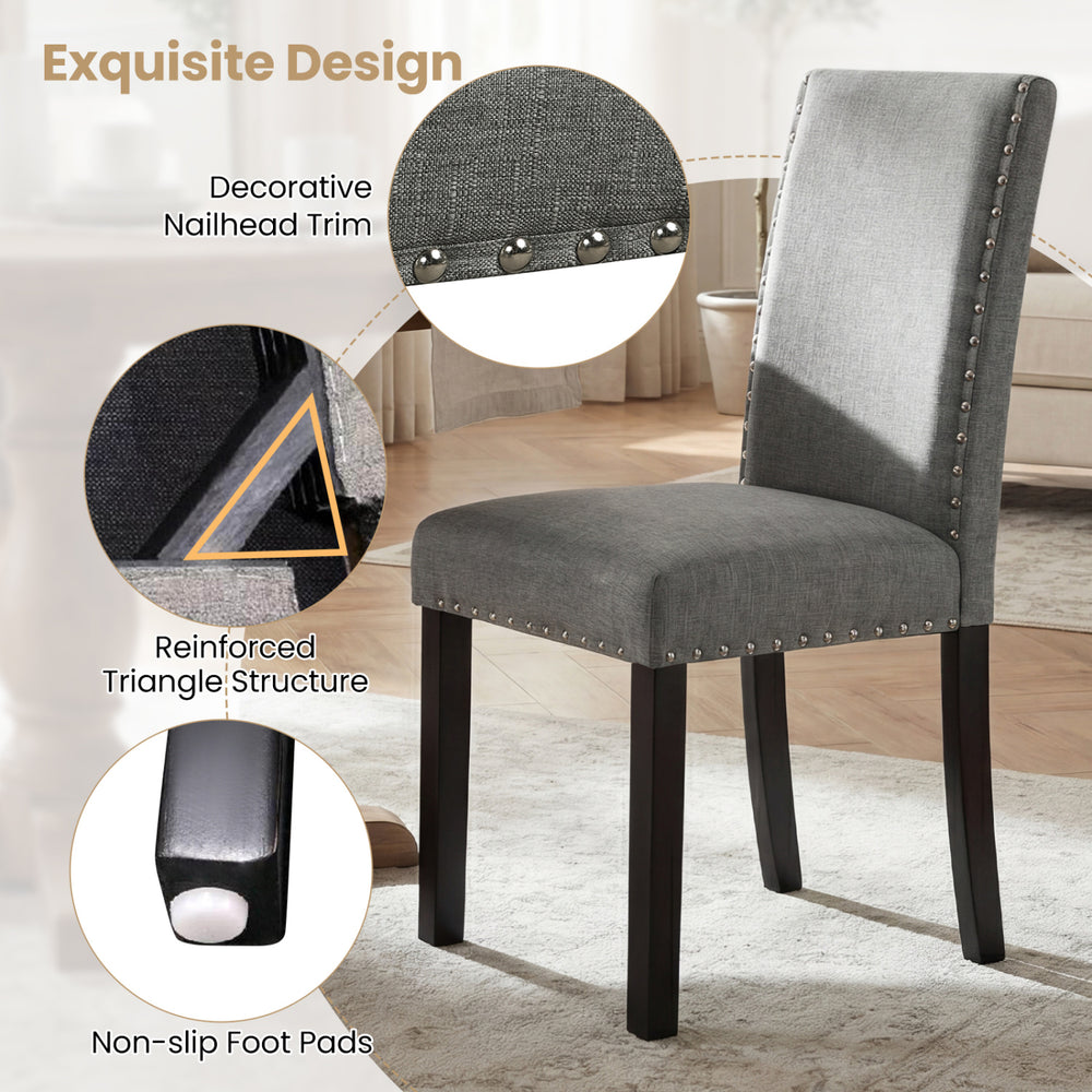 Gray wooden dining chair with decorative nailhead trim and reinforced triangular structure for stability and comfort.