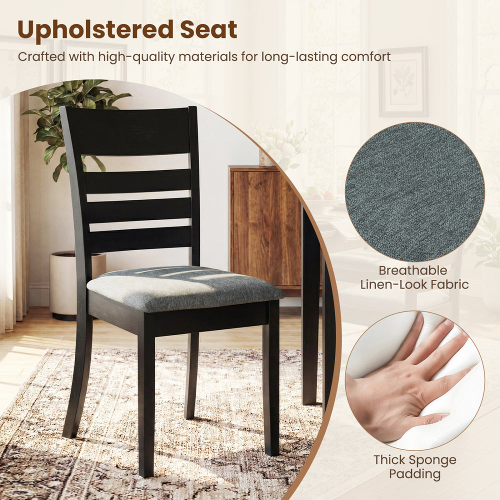 Black wooden dining chair with upholstered seat and slatted back, designed for comfort and durability in any dining.