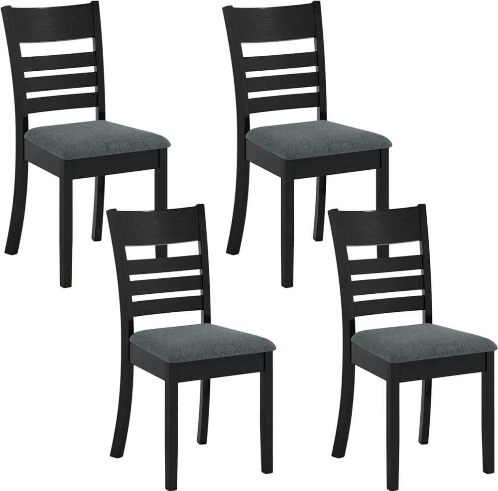 Set of 4 black wooden dining chairs with upholstered seats and slatted backs, perfect for kitchens and dining rooms.