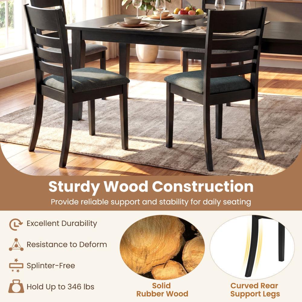 Set of 2 black upholstered wooden dining chairs with rubber wood frame, featuring high backrest and padded seat for.