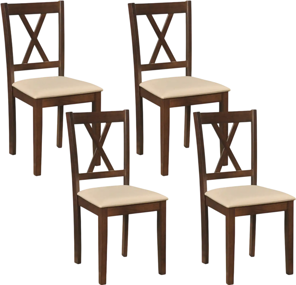 Four armless dining chairs with padded seats and rubber wood legs, designed for space-saving in dining rooms or.