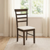 Brown wooden dining chair with a slatted backrest and padded fabric cushion, perfect for dining rooms and kitchens.