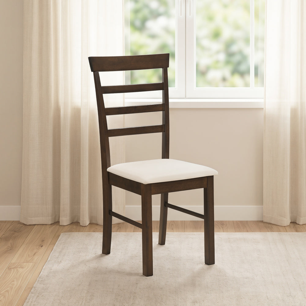 Brown wooden dining chair with a slatted backrest and padded fabric cushion, perfect for dining rooms and kitchens.