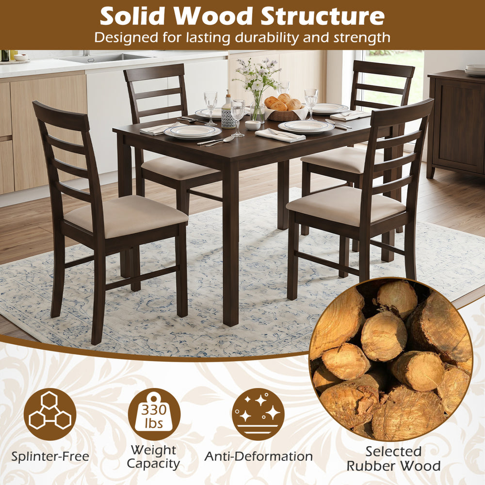 Wooden dining chairs set of 4 with fabric cushions, featuring solid rubber wood frame and ergonomic slatted backrest for comfort.