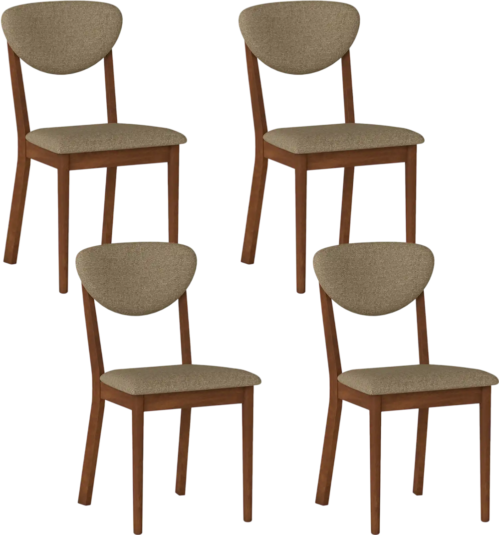 Set of 4 wooden dining chairs with padded seats and angled backrests, perfect for dining rooms and kitchens.