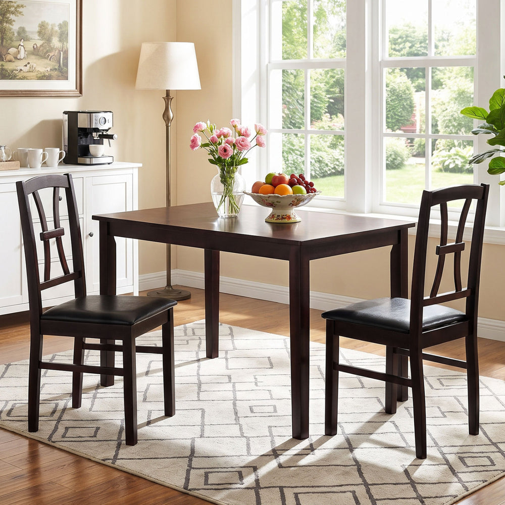 Brown wooden dining chairs set of 2 with faux leather padded seats, perfect for kitchen or dining room use.