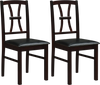 Set of 2 wooden dining chairs with brown rubber wood frame and faux leather padded seats for kitchen comfort.