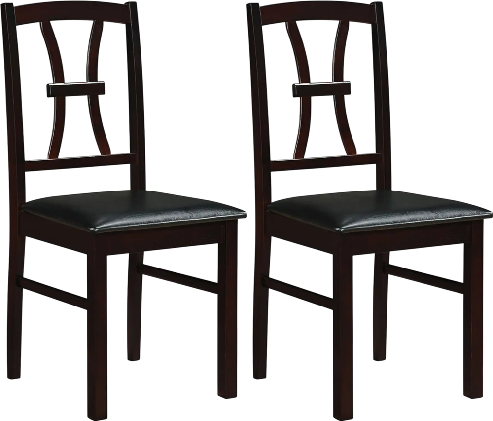 Set of 2 wooden dining chairs with brown rubber wood frame and faux leather padded seats for kitchen comfort.