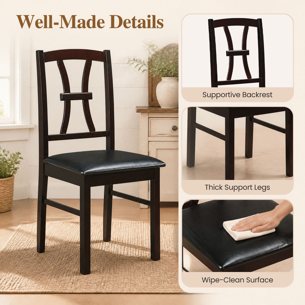 Wooden dining chair with a supportive backrest and faux leather padded seat, ideal for kitchen use and easy maintenance.