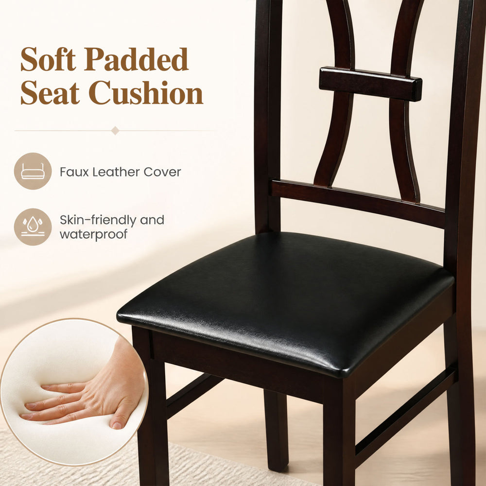 Wooden dining chair with a faux leather padded seat cushion, featuring a durable rubber wood frame for kitchen use.