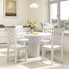 Round white dining table with four matching chairs, showcasing a solid rubber wood frame and elegant design for versatile spaces.