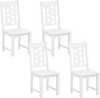 Set of four white wooden dining chairs with solid rubber wood frames, featuring a curved backrest for comfort and support.