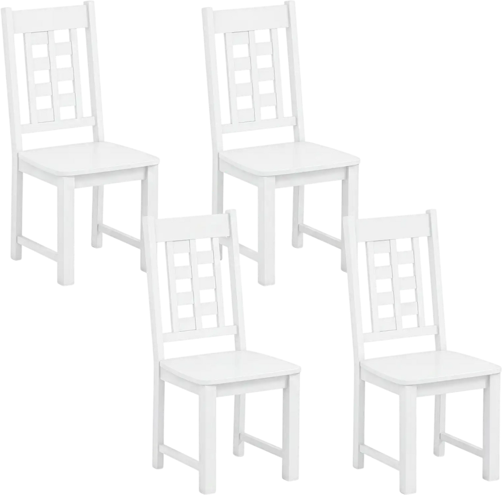 Set of four white wooden dining chairs with solid rubber wood frames, featuring a curved backrest for comfort and support.