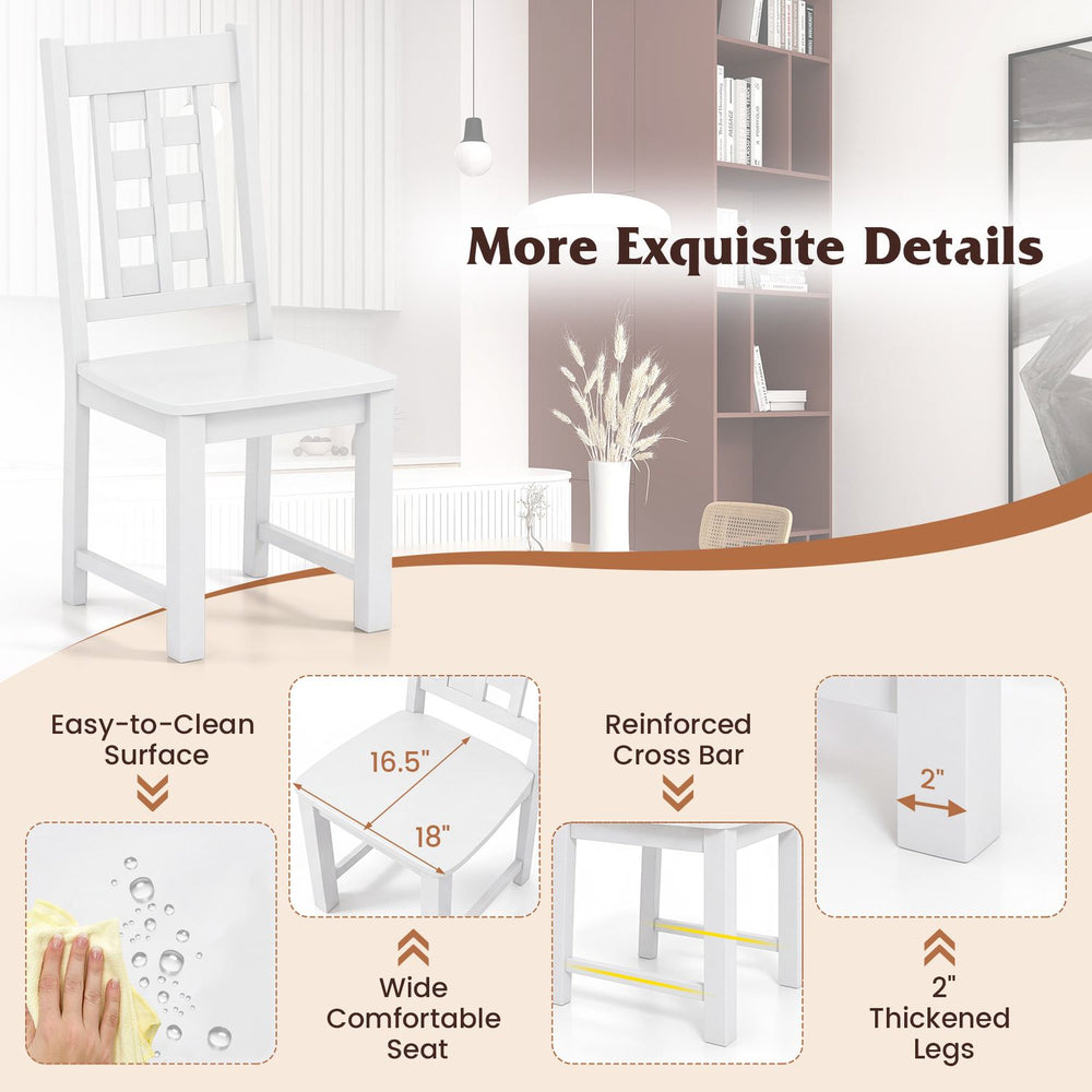 White wooden dining chair showcasing a wide seat, curved backrest, and 2-inch thick legs for stability and comfort.