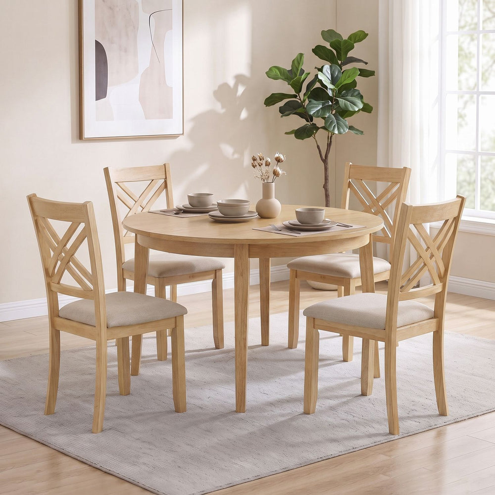 Wooden Dining Chairs Set of 4 with Fabric Padded Seat and Solid Rubber Wood for Kitchen-Natural - Gallery View 1 of 7