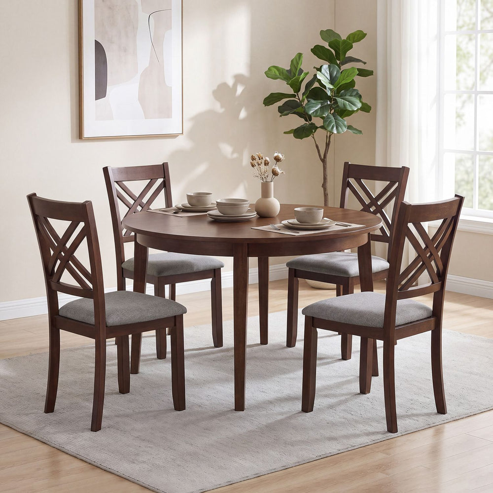 Wooden Dining Chairs Set of 4 with Fabric Padded Seat and Solid Rubber Wood for Kitchen-Brown - Gallery View 1 of 7