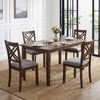 Brown wooden dining table set with four ergonomic chairs featuring fabric padded seats and a sturdy rubber wood frame.